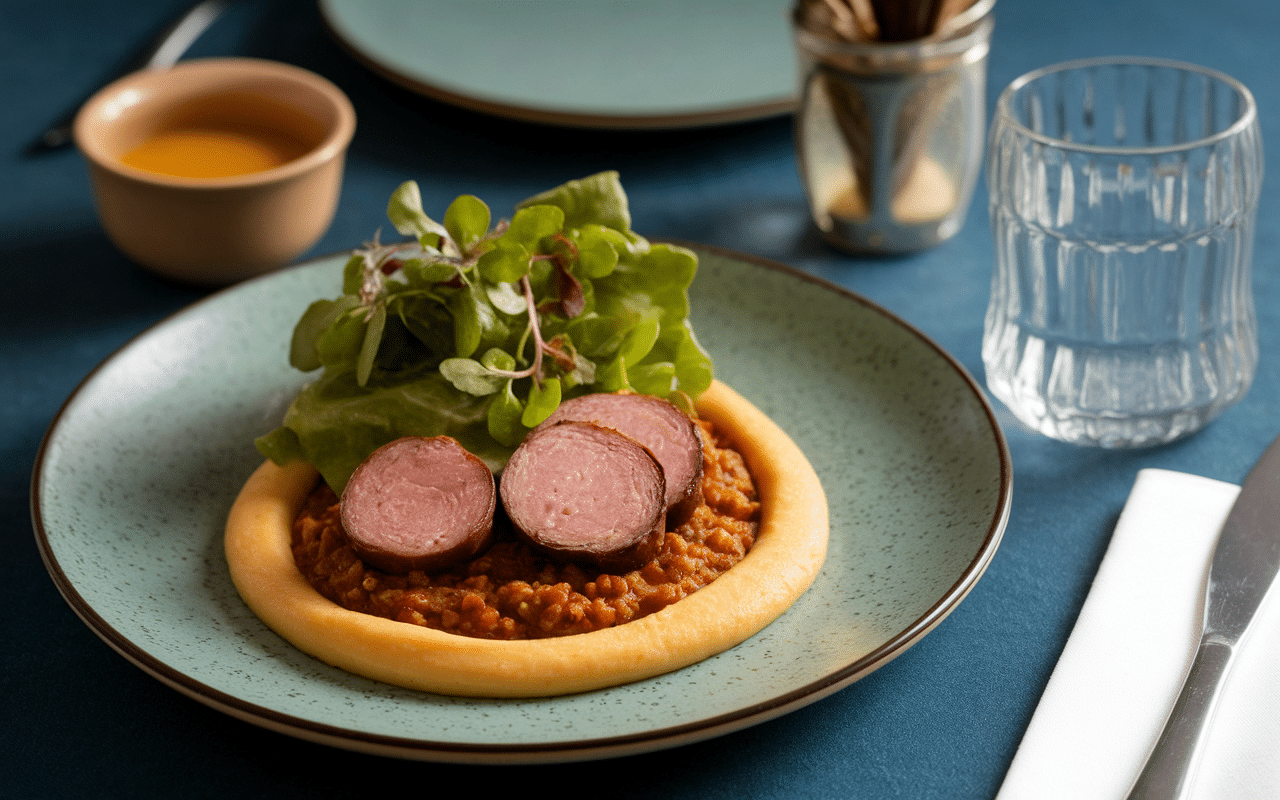 Assiette avec cuisson saucisse de Strasbourg et garnitures