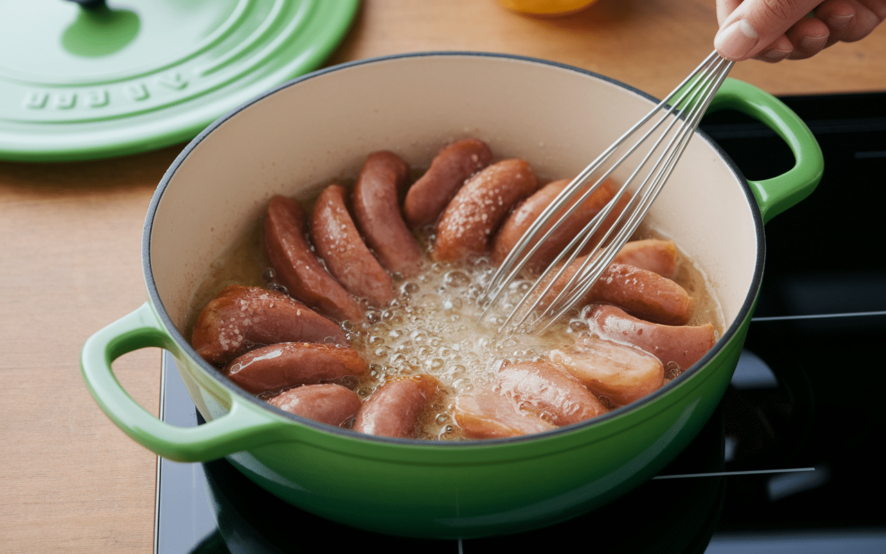 Préparation cuisson saucisse de Strasbourg eau frémissante