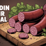 Boudin noir halal sur planche avec oignons et herbes