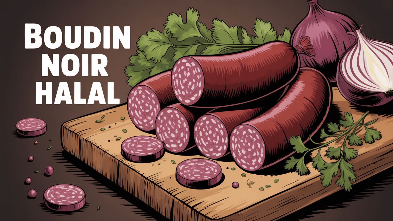 Boudin noir halal sur planche avec oignons et herbes