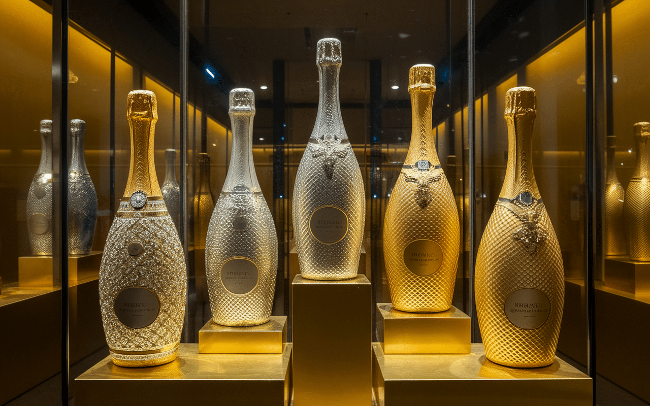 Bouteilles iconiques du champagne le plus cher sur piédestal