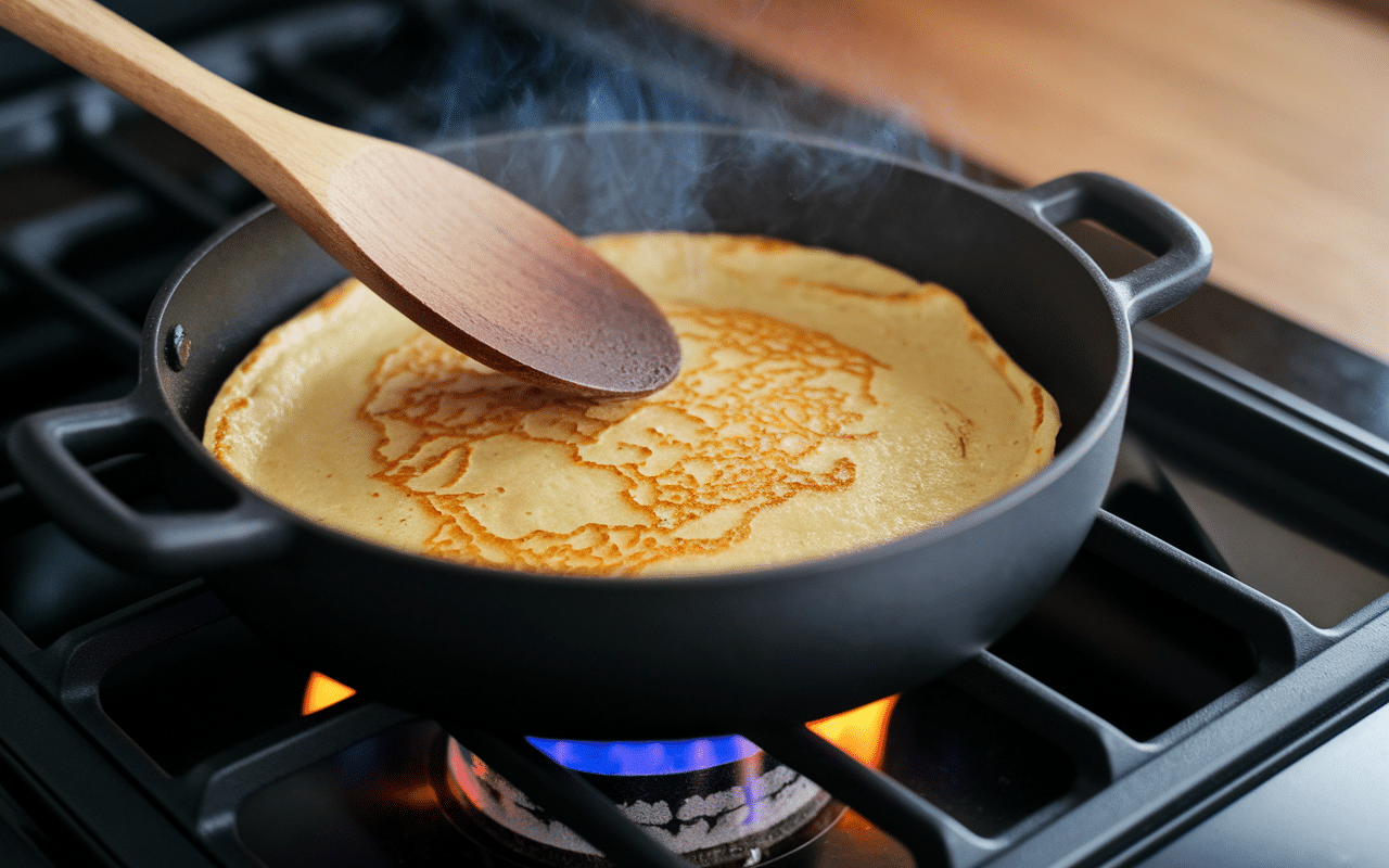 Cuisson crêpes à la farine de sarrasin, poêle et spatule