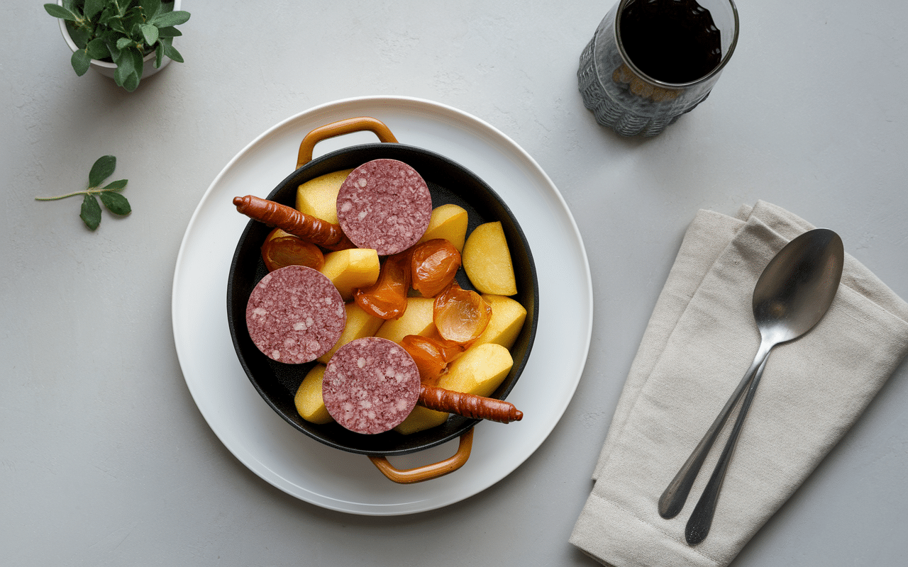 Boudin noir halal cuit avec pommes et oignons