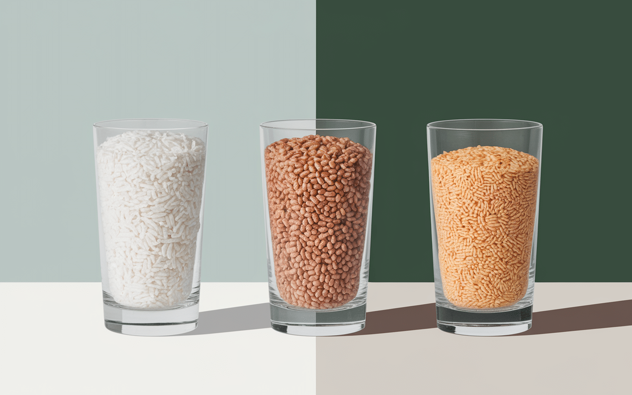 Trois verres de riz différents, comparaison visuelle, dosage riz verre