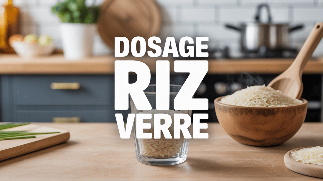 Verre rempli de riz sur planche avec bol de riz cuit, dosage riz verre