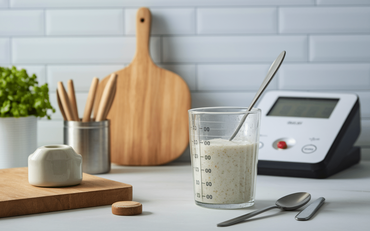 Verre doseur rempli de riz, ustensiles modernes, dosage riz verre