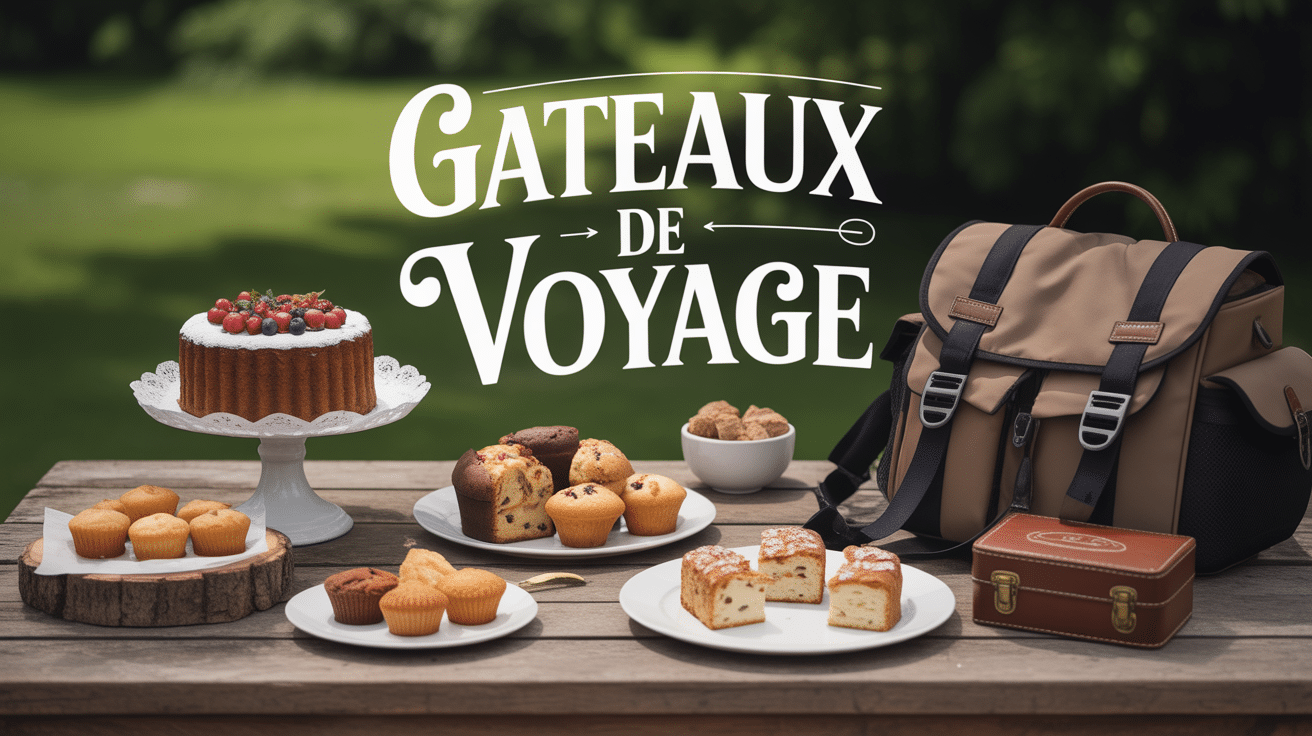 Sélection de gâteaux de voyage sur une table avec sac à dos