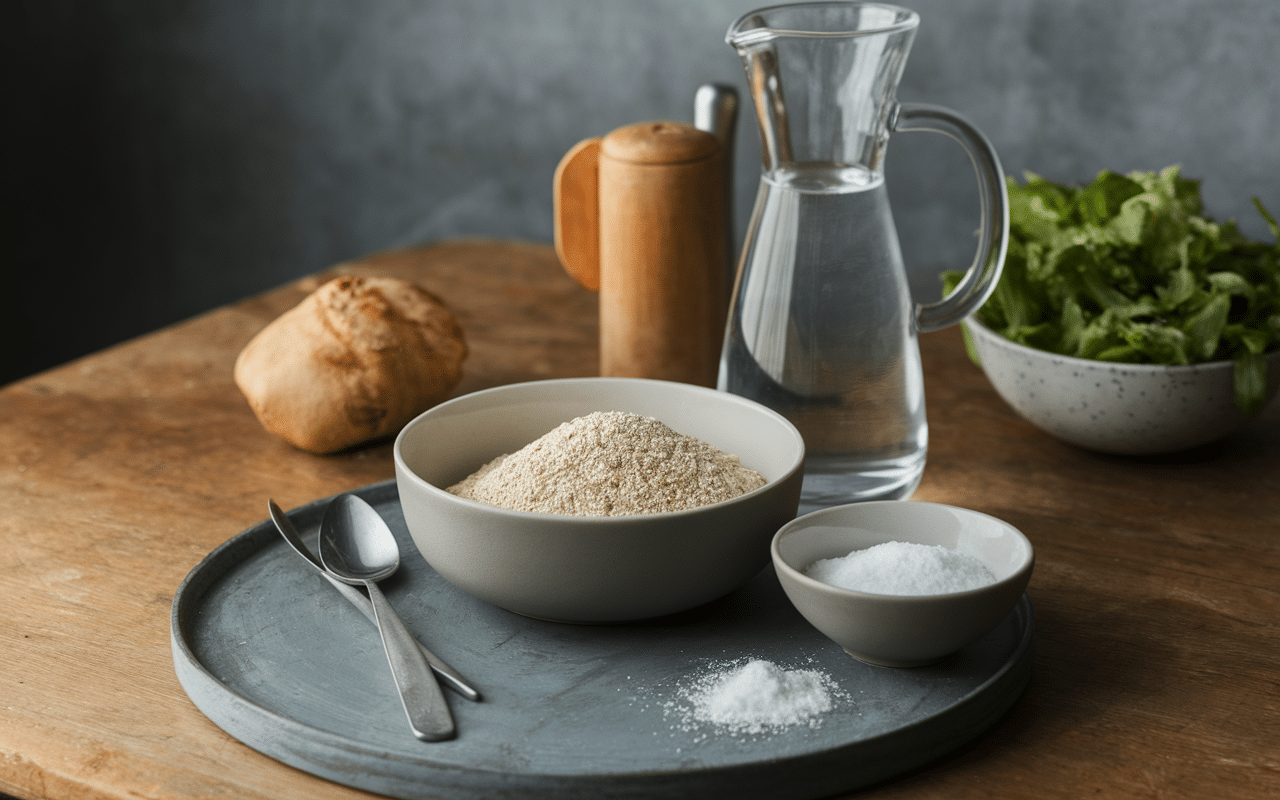 Ingrédients crêpes à la farine de sarrasin sur plan de travail