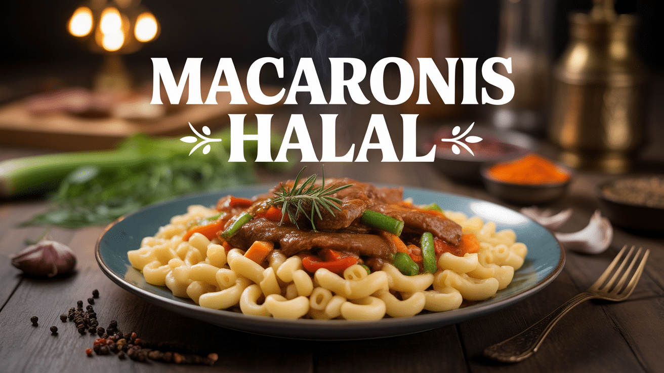Assiette de macaroni halal avec légumes et viande épicée