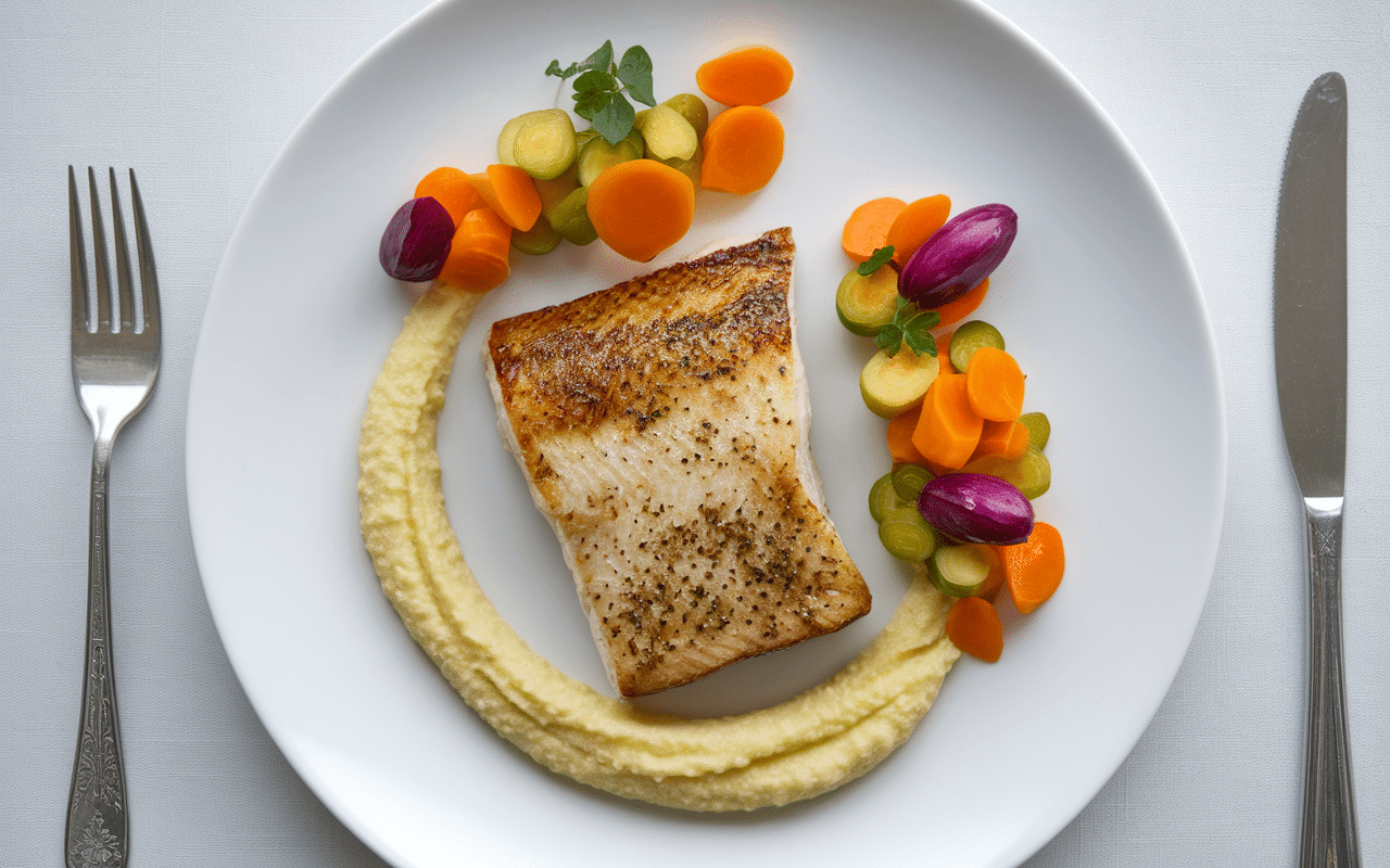 Purée de poireaux avec poisson et légumes colorés