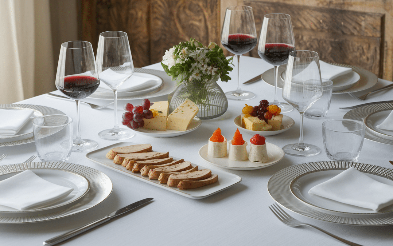 Table de dégustation avec vin de liqueur, fromages et desserts