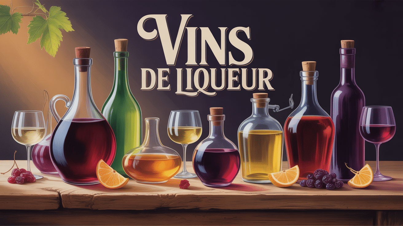 Bouteilles de vin de liqueur sur table en bois, ambiance chaleureuse