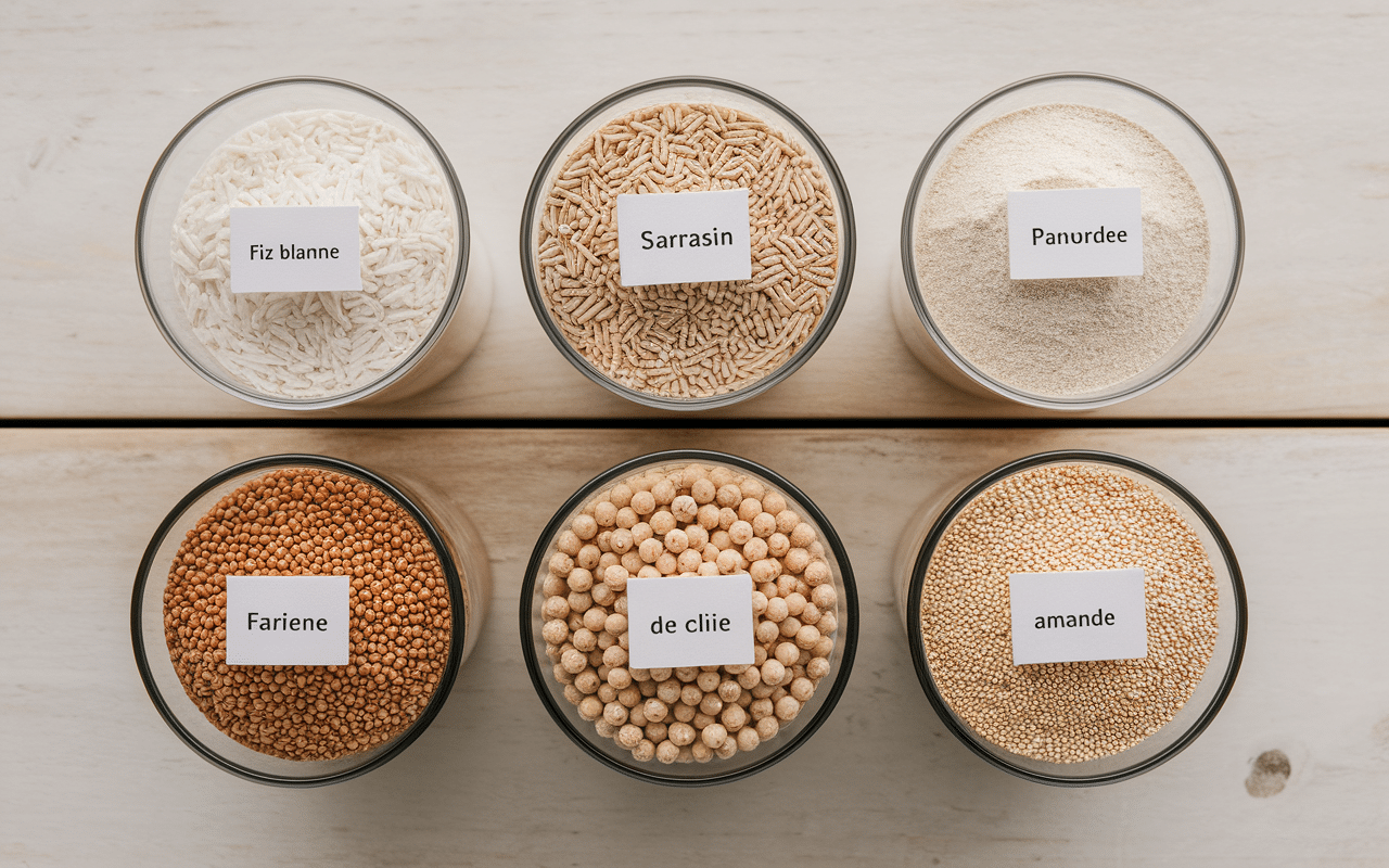 Différentes farines sans gluten sur plan de travail