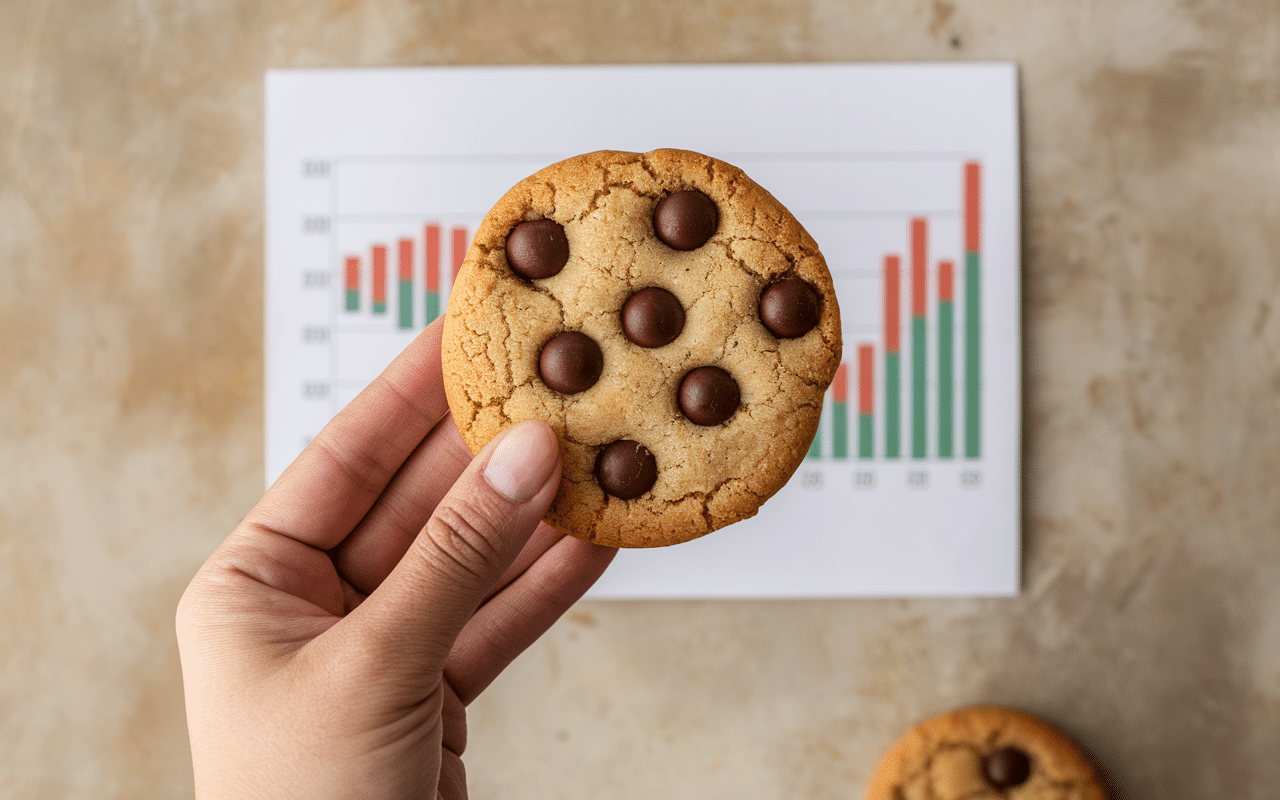 Cookie IG bas en main et courbe glycémie