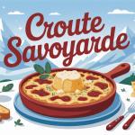 croute savoyarde dorée dans plat à gratin avec fromage et vin