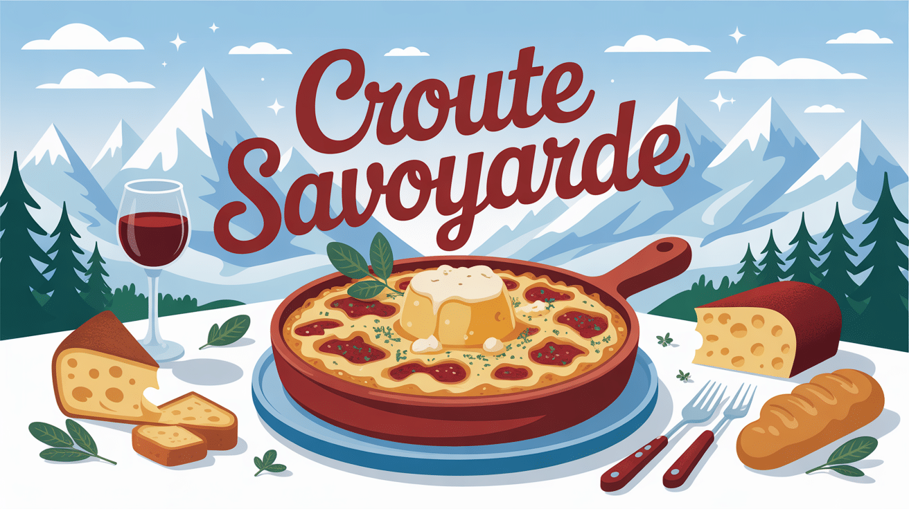 croute savoyarde dorée dans plat à gratin avec fromage et vin