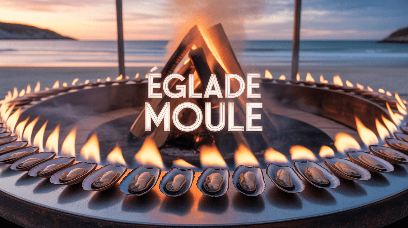 eglade de moule sur plage avec aiguilles de pin en flammes
