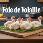 foie de volaille frais sur planche avec herbes