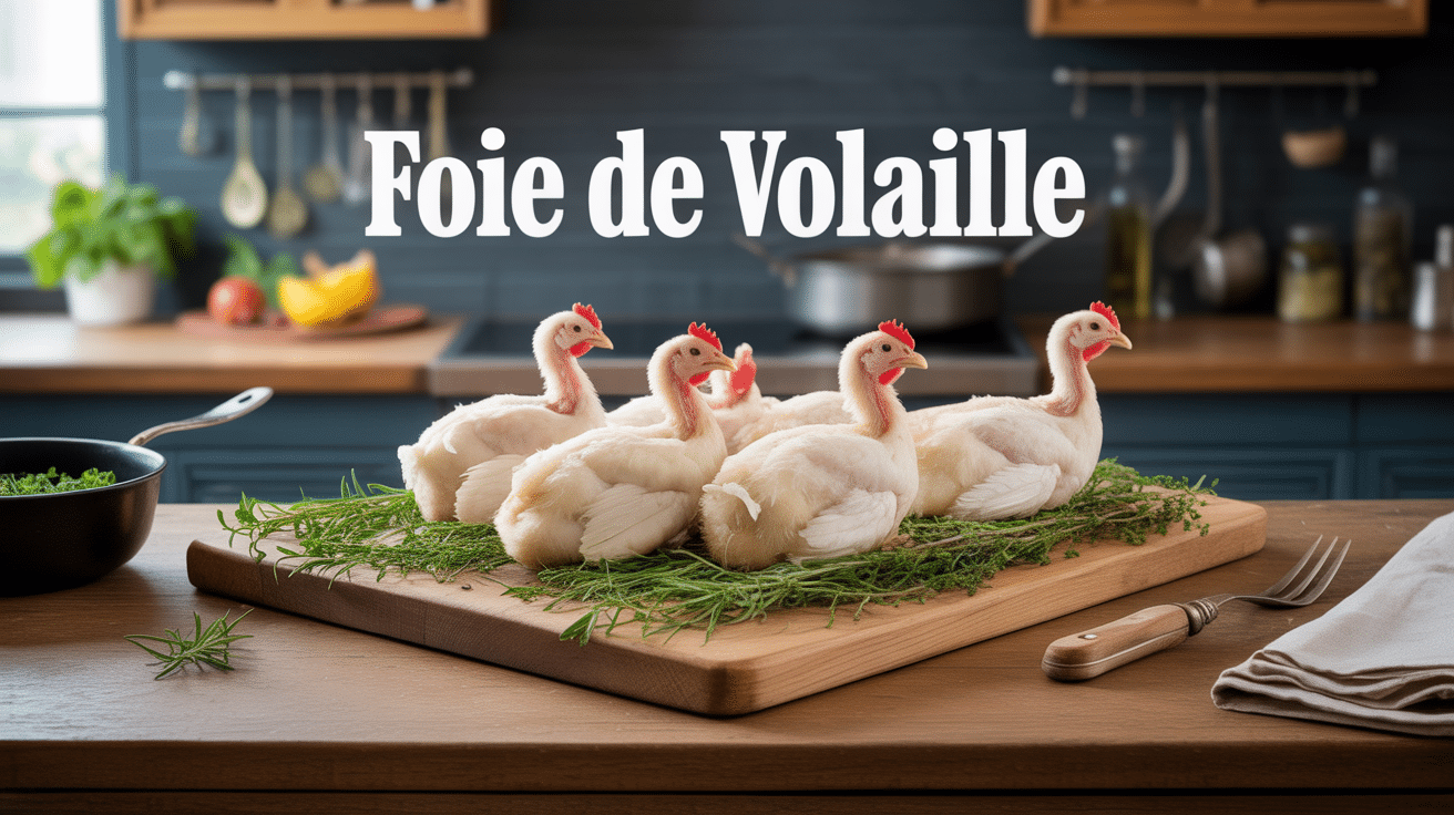 foie de volaille frais sur planche avec herbes