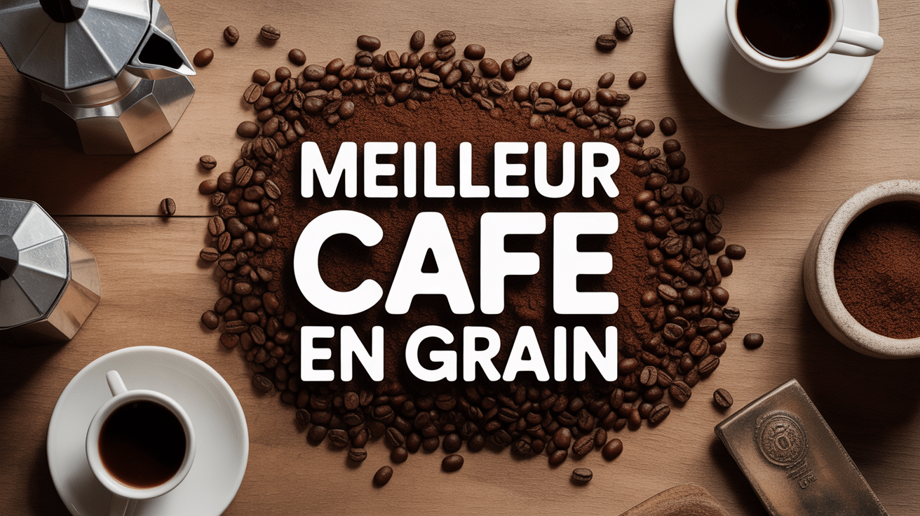 meilleur café en grain grains sur bois et tasses fumantes