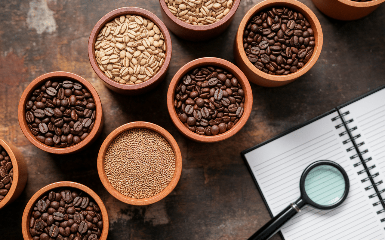 meilleur café en grain bols et types de grains alignés