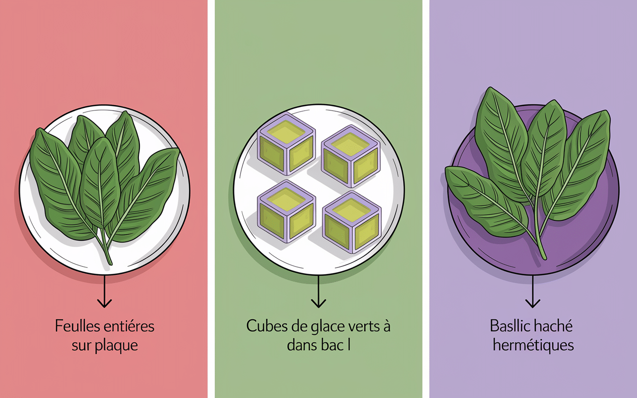 Étapes congeler du basilic feuilles plaques cubes