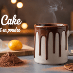 Mug cake chocolat en poudre fumant sur table ingrédients
