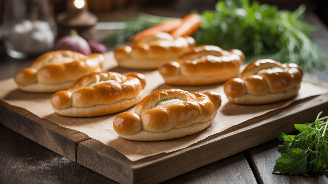 Navette pain doré et ingrédients frais planche bois