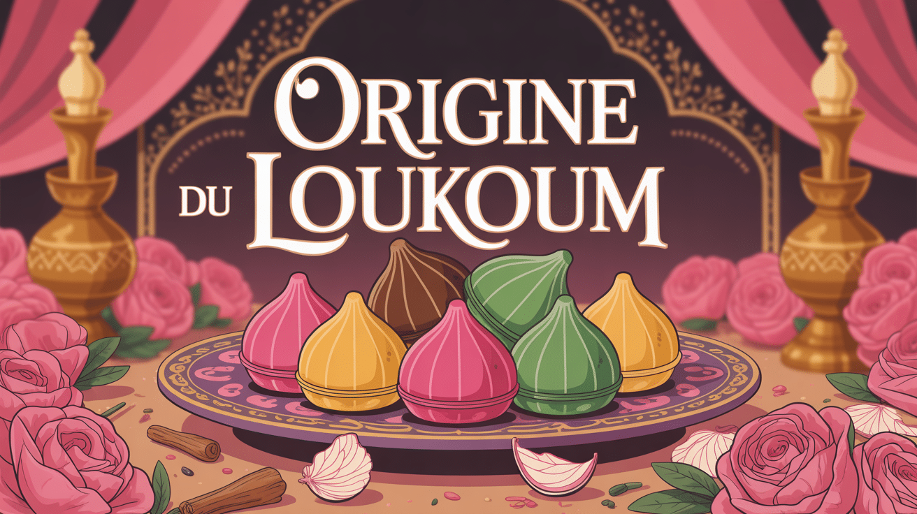 Origine loukoum illustrée sur plateau oriental décoré