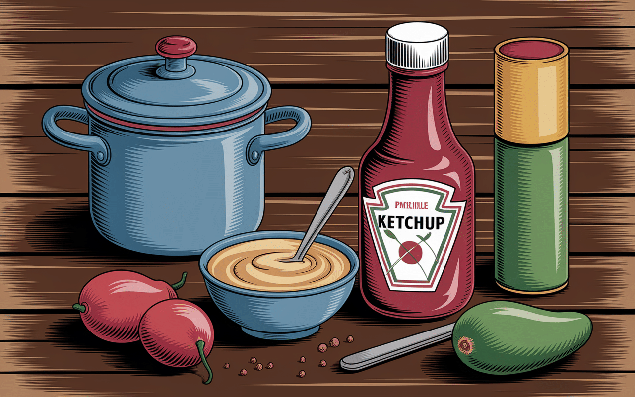 Ingrédients vintage pour sauce Big King sur bois