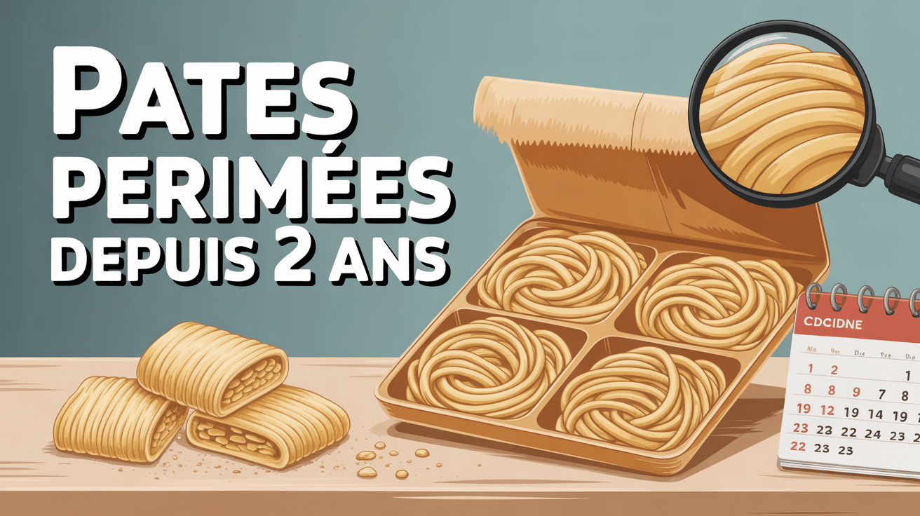 Paquet de pâte périmé depuis 2 ans, loupe, calendrier