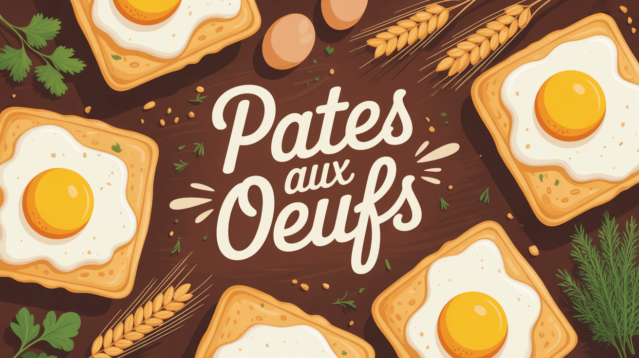 Pates aux oeufs dorées et oeufs frais sur bois