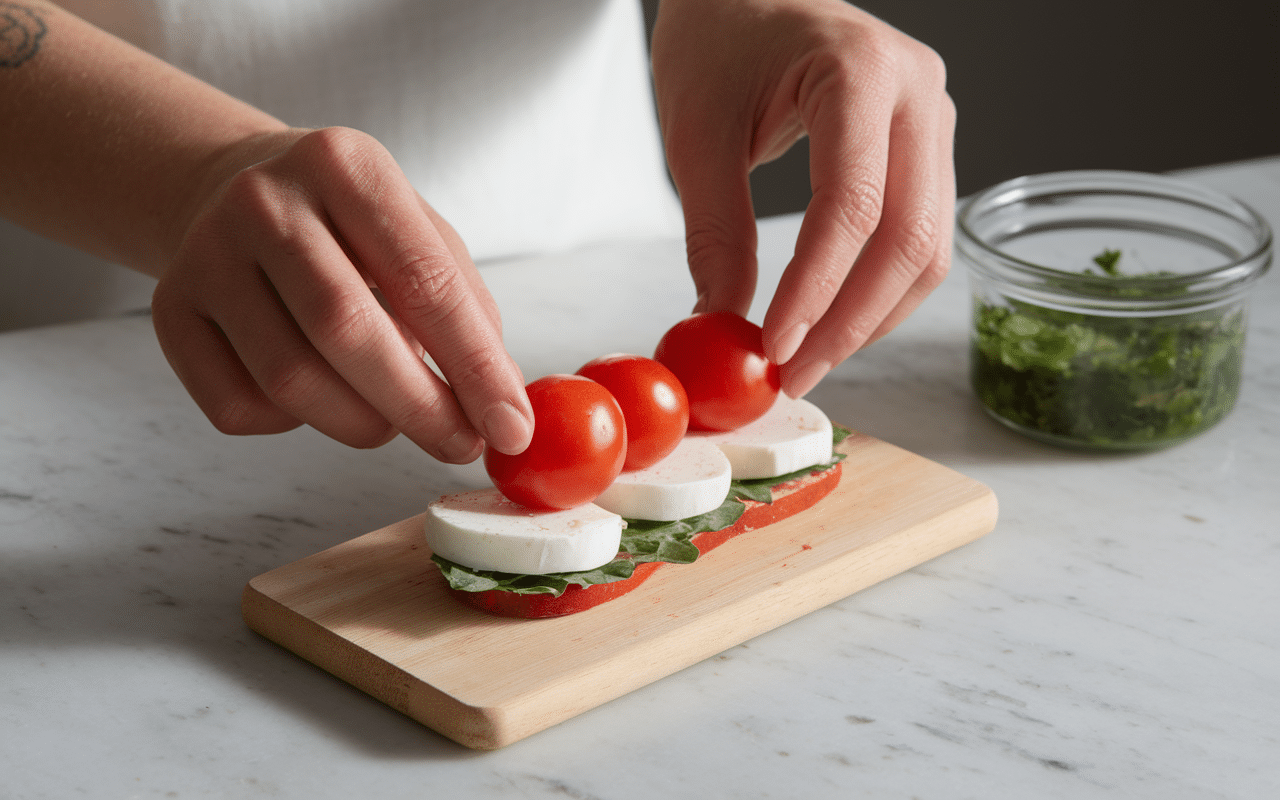 préparation brochettes tomate mozzarella mains