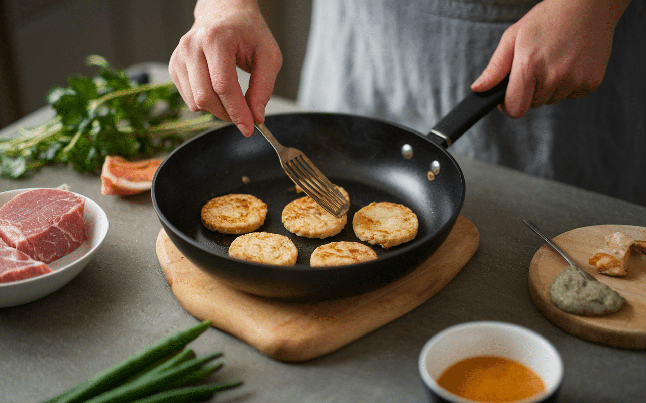 préparation ramen burger galette nouilles poêle