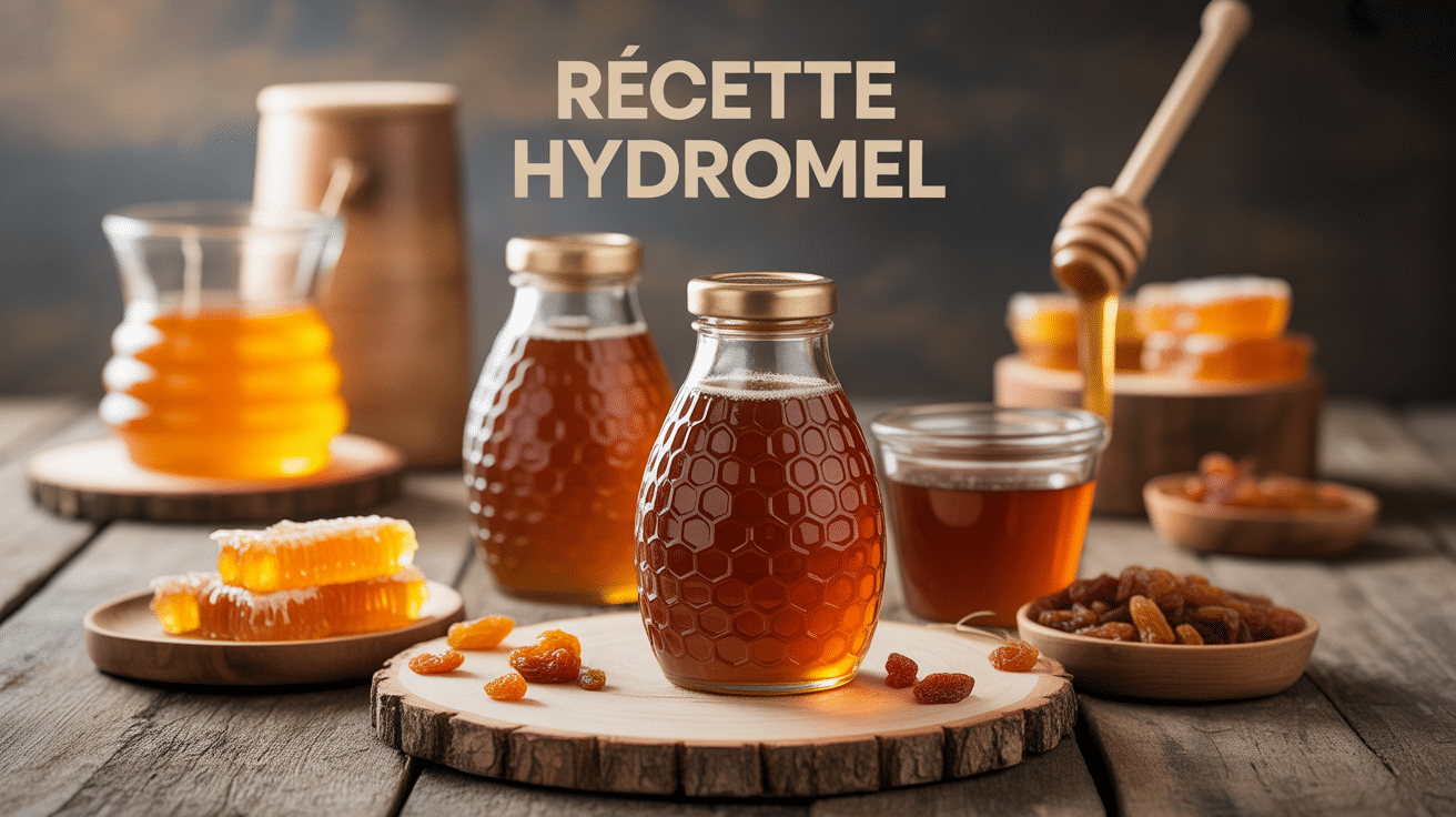 Recette hydromel en bouteilles dorées entourées de miel
