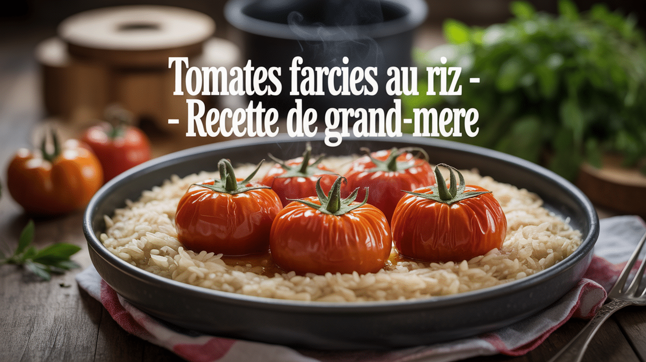 Tomates farcies recette de grand-mère avec riz sur table rustique