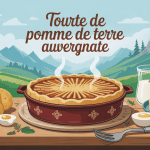 Tourte de pomme de terre auvergnate dorée et ingrédients typiques