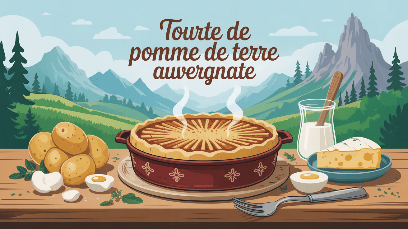 Tourte de pomme de terre auvergnate dorée et ingrédients typiques