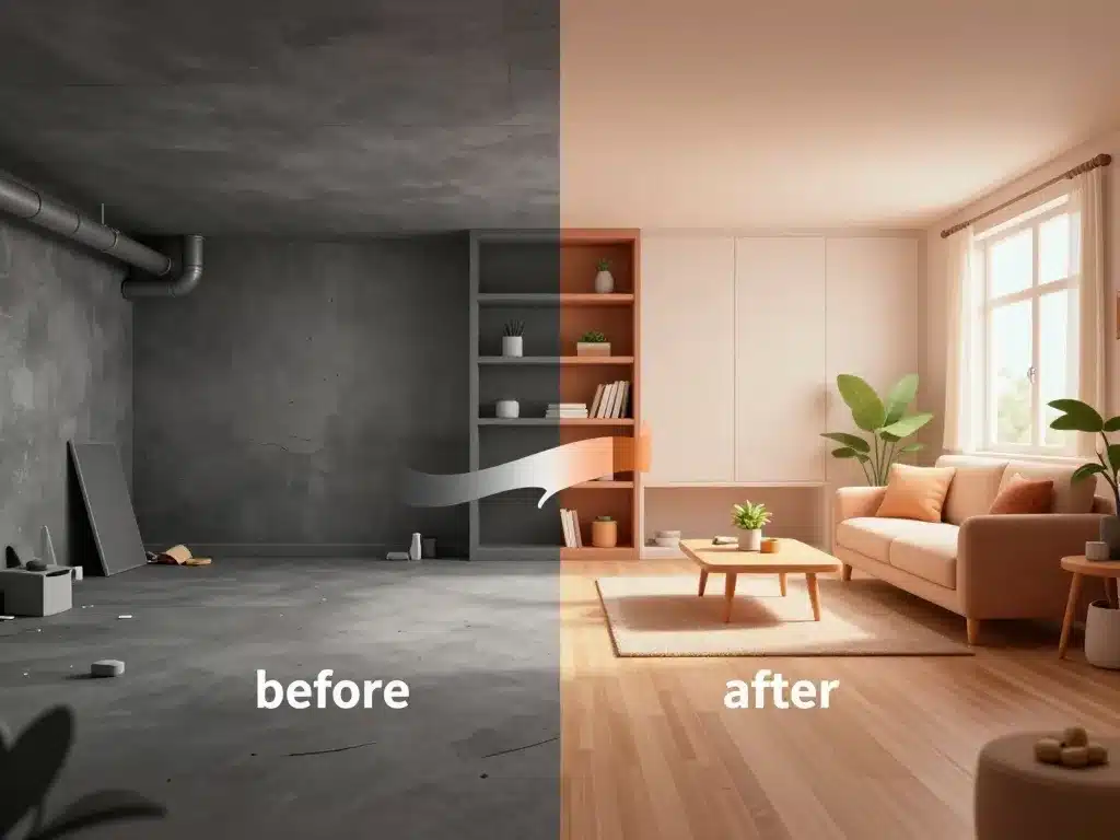 amenagement sous sol avant apres avant apres sous-sol piece de vie lumineuse