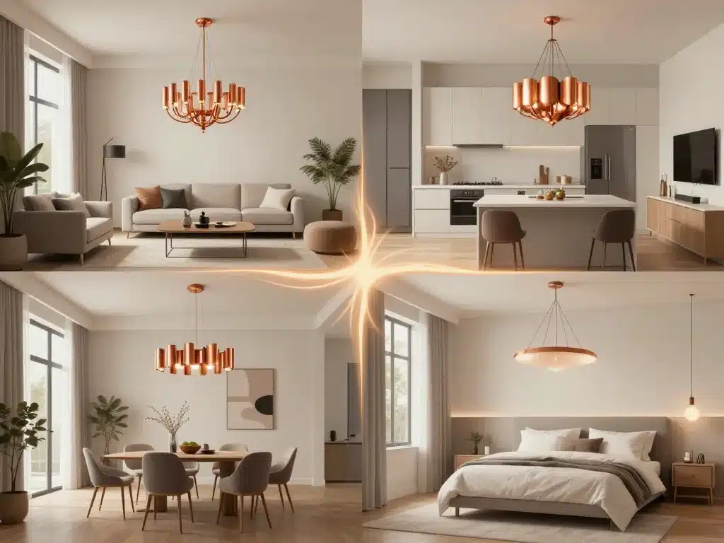 Panorama intérieur avec lustre en cuivre pour chaque pièce