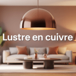 Lustre en cuivre dans salon moderne, ambiance chaleureuse