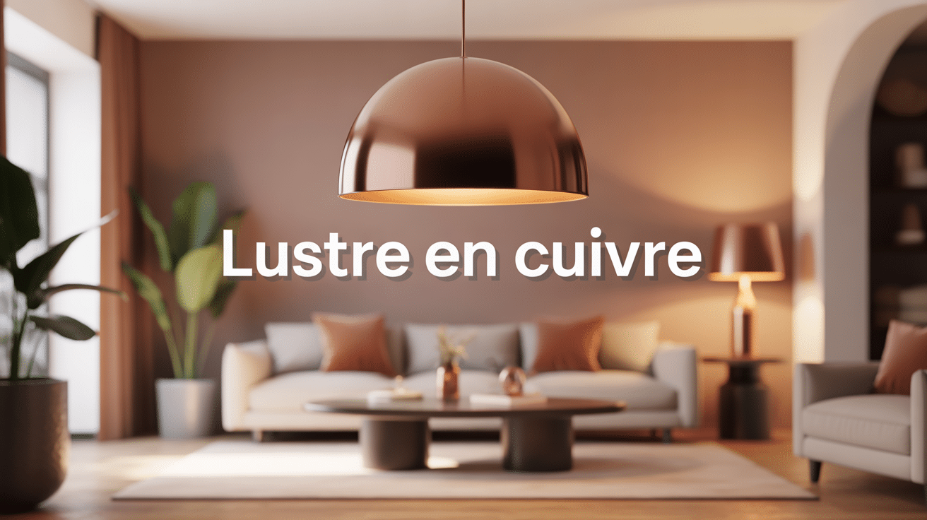 Lustre en cuivre dans salon moderne, ambiance chaleureuse