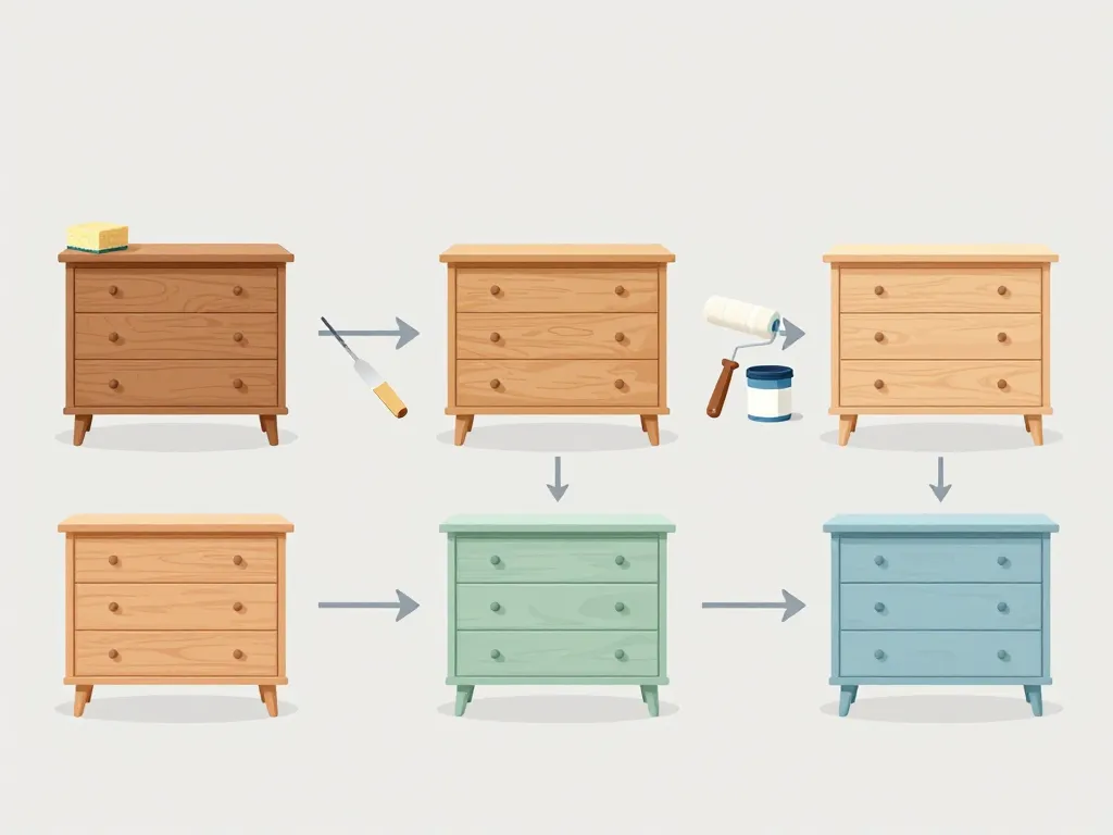 Schéma étapes meuble relooké avant apres, du ponçage aux finitions