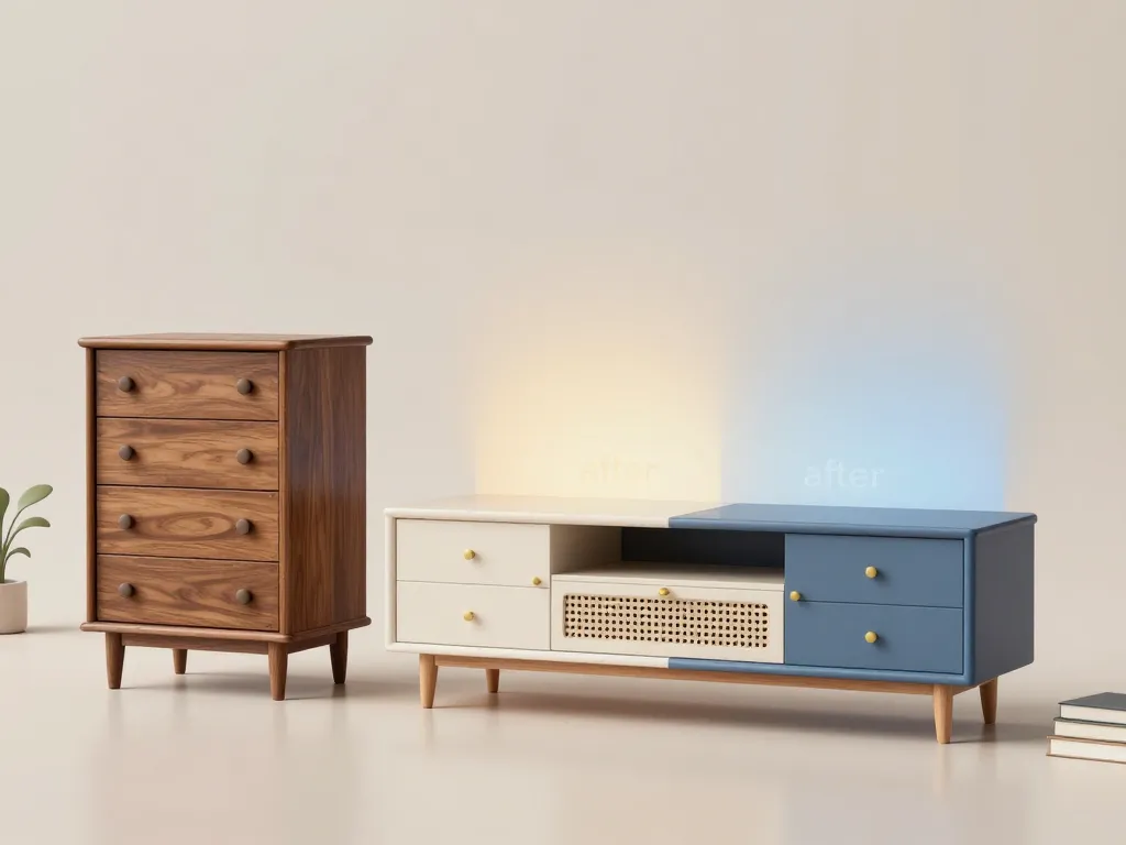 Scène 3D meuble relooké avant apres, commode buffet meuble TV