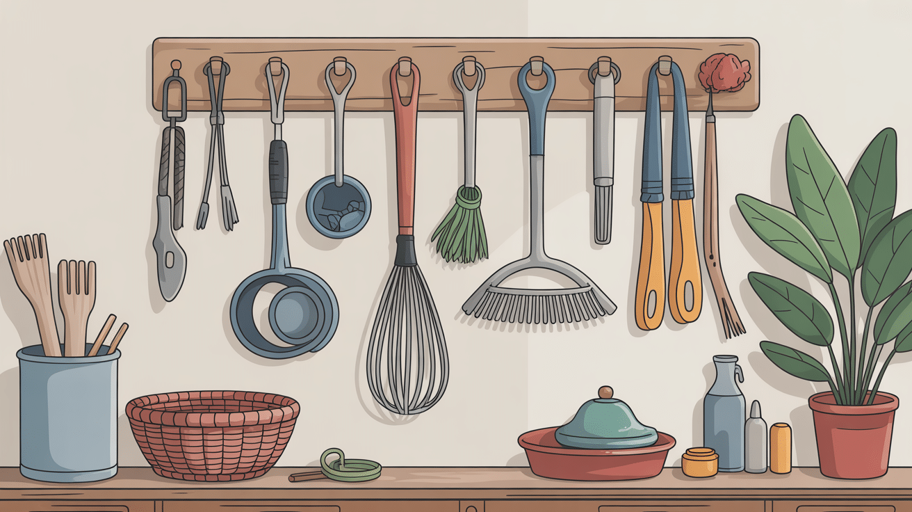 Illustration accroche balai mural avec balais et accessoires de ménage au mur