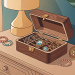 boite a bijoux bois entourée de bijoux précieux