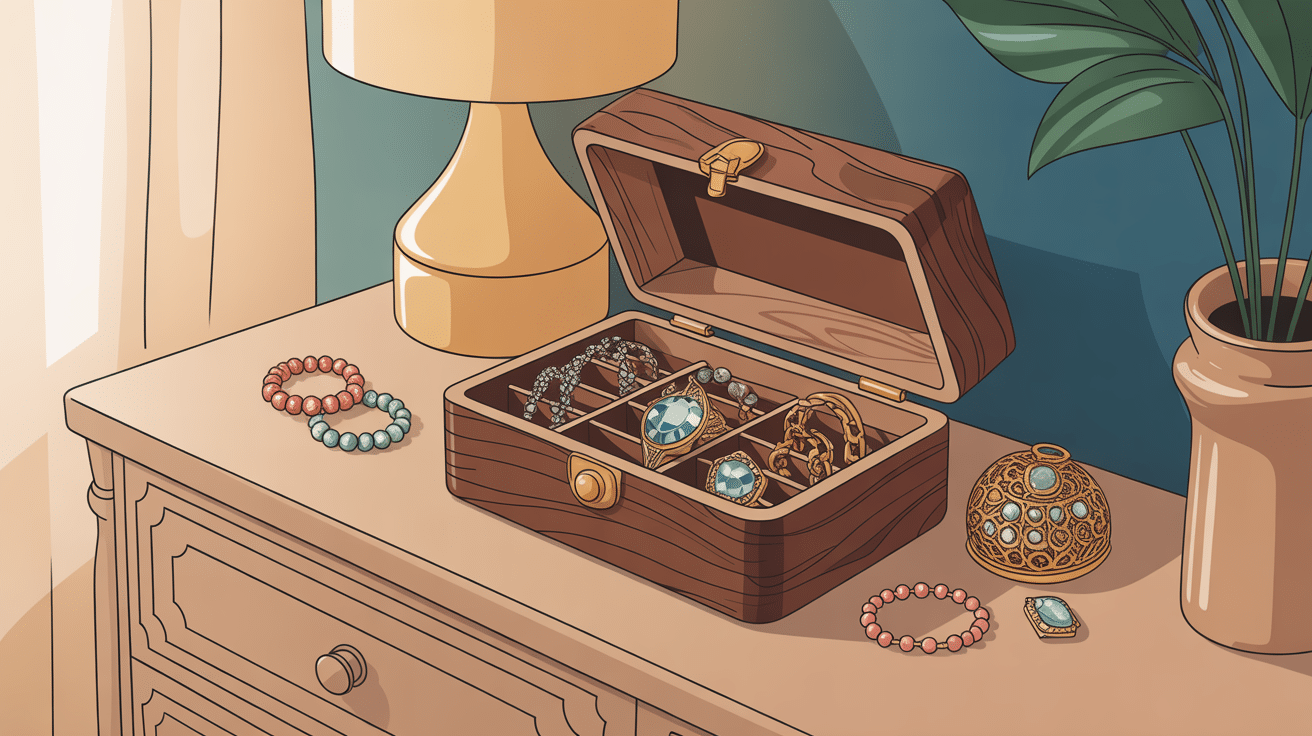 boite a bijoux bois entourée de bijoux précieux