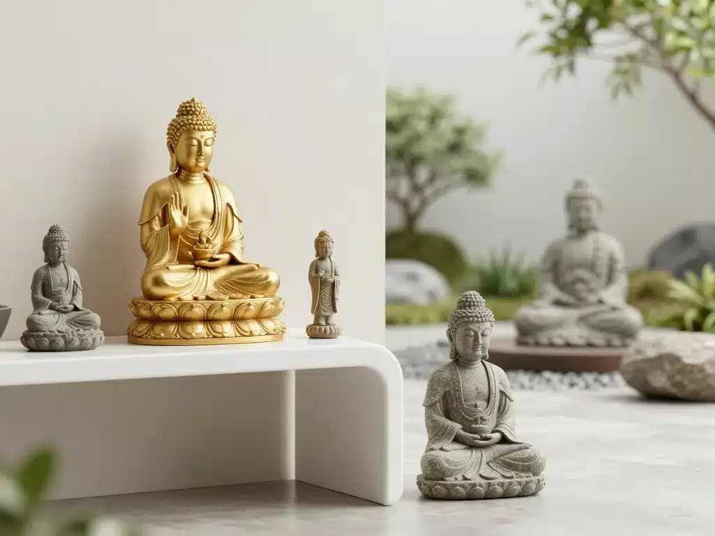 bouddha statue en intérieur moderne et jardin zen