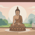 bouddha statue au centre d’un jardin zen et pièce moderne