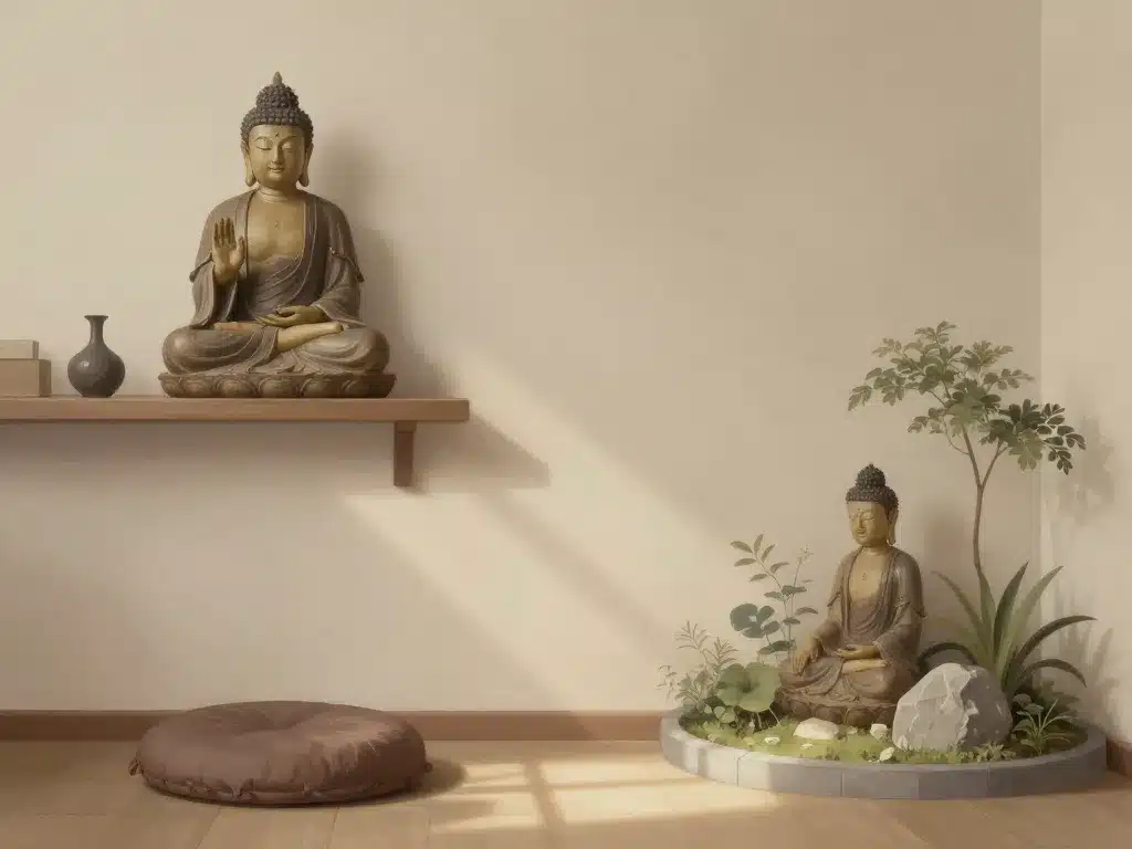bouddha statue placée en hauteur dans salon et jardin feng shui